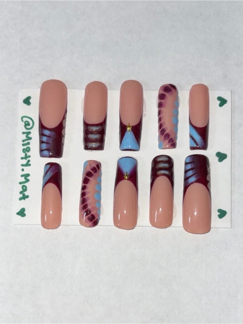 Nude, Burgundy & Sky Blue Hand-Painted Press-On Nail Set